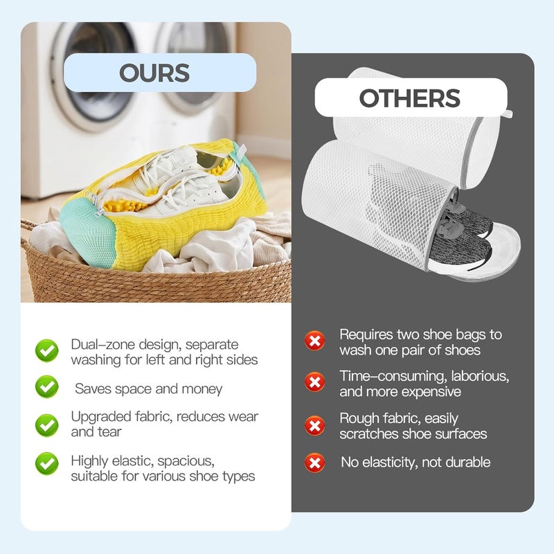 VEOOK Dual Shoe Washing Machine Bag Holds 2 Shoes,Reusable Laundry Shoe Bag for Washer and Dryer 360° Deep Cleaning,Shoe Cleaning Bags with Built-in Brushes for Sneaker Tennis Shoes Drying Bags (Yellow) - Image 5
