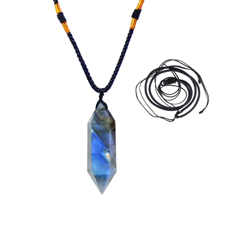 Runyangshi Labradorite Healing Crystal Pendants Double Pointed Natural Crystal Quartz Necklace 6 Faceted Chakra Crystal Wand Stone