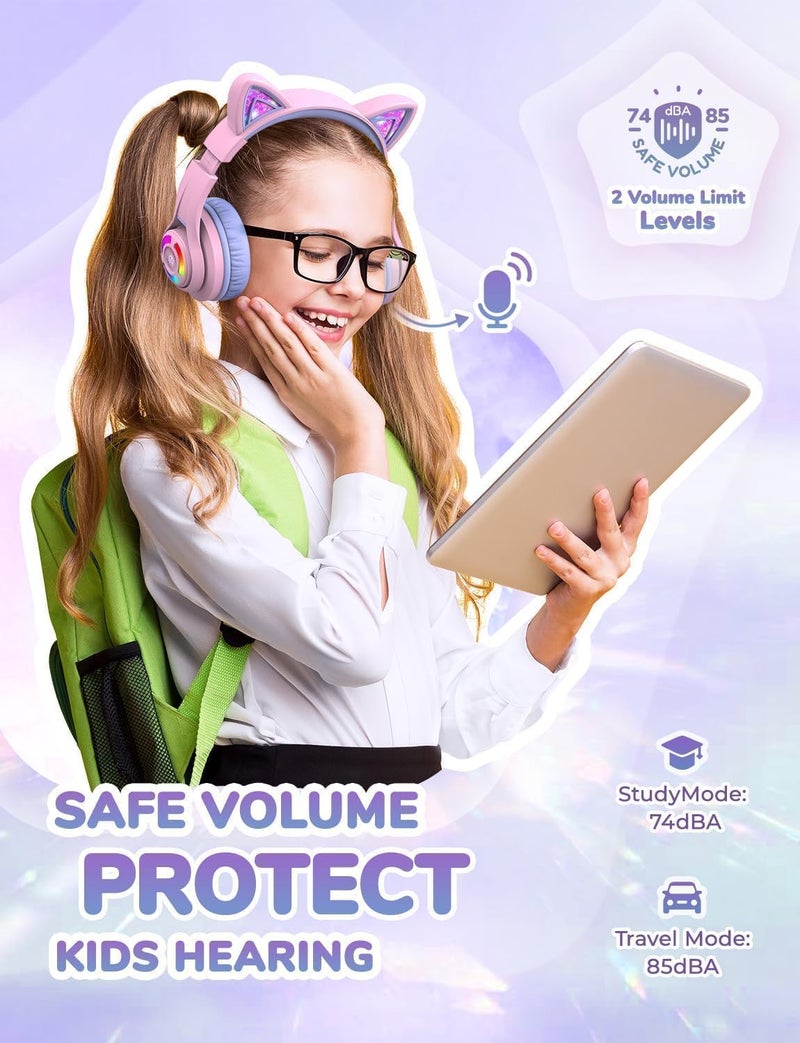 آيكليفير سماعات رأس بلوتوث للأطفال Kids، طراز BTH13، مع أضواء LED على شكل أذن قطة، لاسلكية، وقت تشغيل 50 س��عة، حد مستوى الصوت 74/85 ديسيبل، سماعة أطفال مع ميكروفون فوق الأذن للمدرسة/الجهاز اللوحي/الكمبيوتر - Image 3