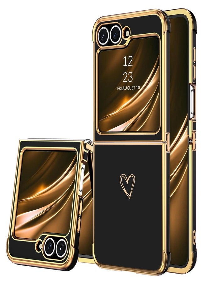 BENTOBEN for Samsung Galaxy Z Flip 6 5G Case, Cute Heart Luxury Gold Plating Slim Flexible TPU Bumper Protective Galaxy Z Flip6 Cover, Women Girls Phone Case for Samsung Z Flip 6 6.7'',Black - Image 1