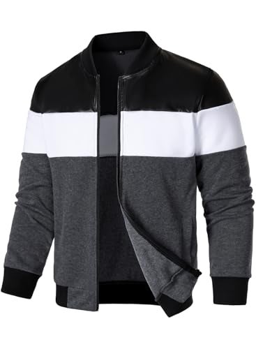 FANARCHER Mens Lightweight Bomber Jacket Casual Zipper Coat Color Block with Faux Leather Varsity Jacket - Image 1