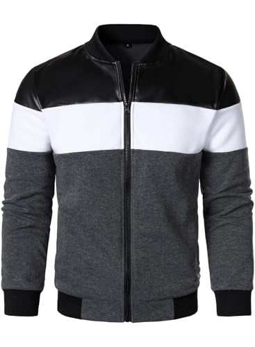FANARCHER Mens Lightweight Bomber Jacket Casual Zipper Coat Color Block with Faux Leather Varsity Jacket - Image 3