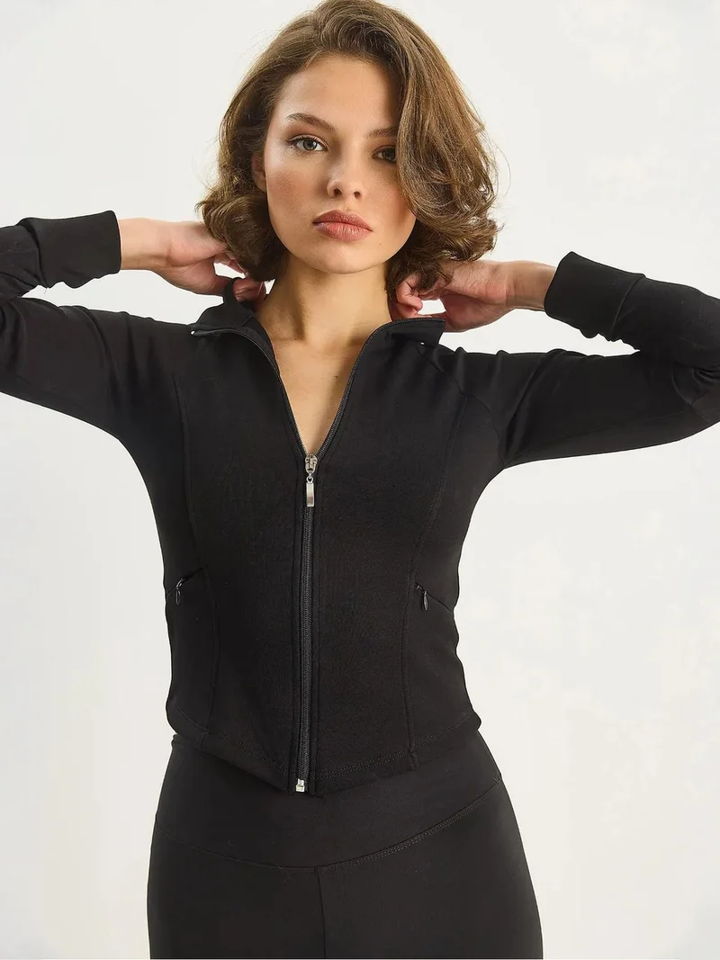 Bianco Lucci Black LUCCI Slim Fit Knitted Active Top with Zipper for Women | Best Price UAE