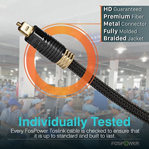 FosPower 24K Gold Plated Toslink Digital Fiber Optical Audio Cable (S/PDIF) - [Zero RFI & EMI Interference] Metal Connectors & Ultra Durable Nylon Braided Jacket (10ft) - Image 5
