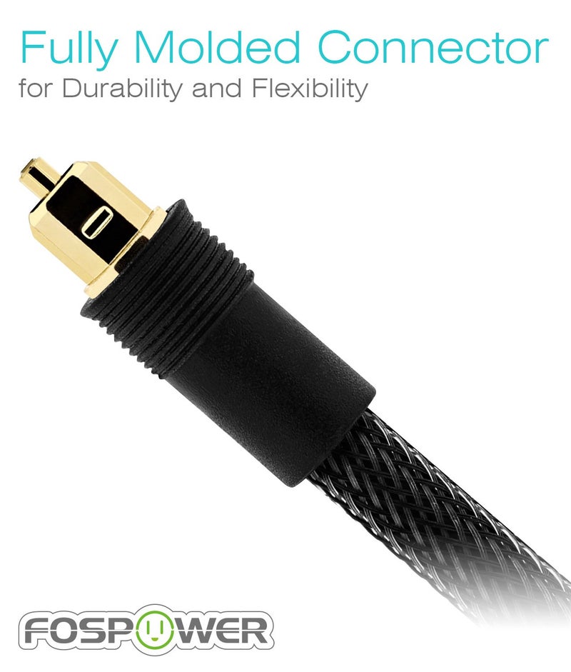 FosPower 24K Gold Plated Toslink Digital Fiber Optical Audio Cable (S/PDIF) - [Zero RFI & EMI Interference] Metal Connectors & Ultra Durable Nylon Braided Jacket (10ft) - Image 3