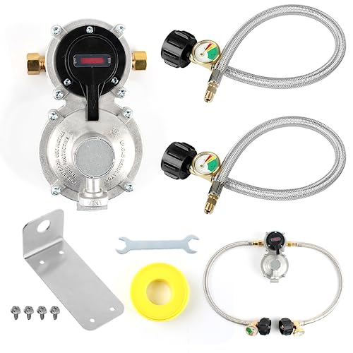 Samplife RV Propane Regulator 2 Tank-2-Stage Auto Changeover LP Propane Regulator for RV Includes Gauge and 2X 18 Pigtail Propane Hoses,Ideal for Trailers and Camper RVs (Silver) - Image 1