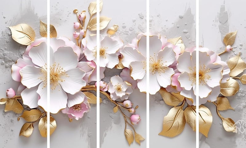 KYARA ARTSWhite pink Flower with golden leafs wall painting with frame Big Size 30x48 Wall Art for living roomBedroomDrawing roomHotelsWooden FramedDigital Painting - Image 2