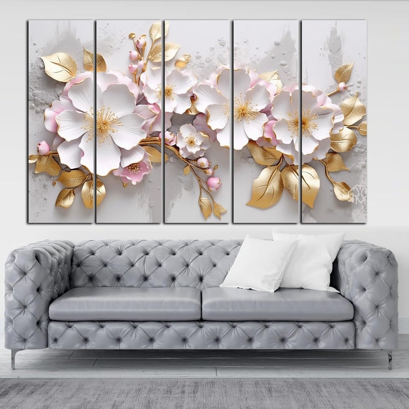 KYARA ARTSWhite pink Flower with golden leafs wall painting with frame Big Size 30x48 Wall Art for living roomBedroomDrawing roomHotelsWooden FramedDigital Painting - Image 1