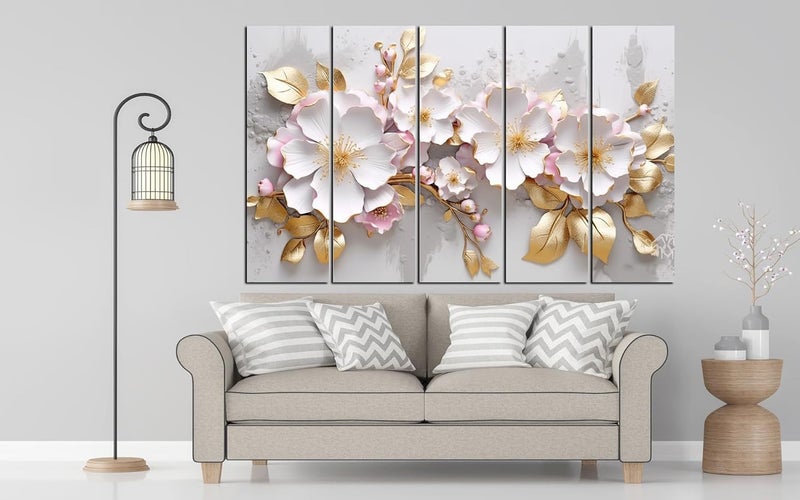 KYARA ARTSWhite pink Flower with golden leafs wall painting with frame Big Size 30x48 Wall Art for living roomBedroomDrawing roomHotelsWooden FramedDigital Painting - Image 5