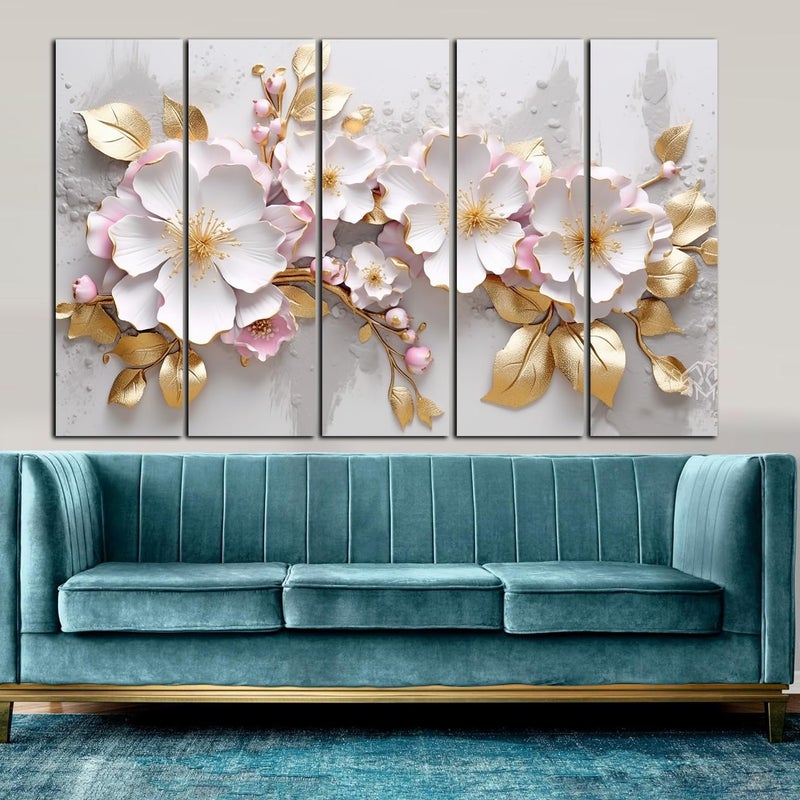 KYARA ARTSWhite pink Flower with golden leafs wall painting with frame Big Size 30x48 Wall Art for living roomBedroomDrawing roomHotelsWooden FramedDigital Painting - Image 4