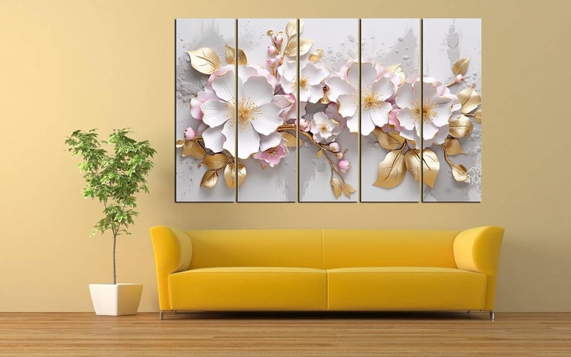 KYARA ARTSWhite pink Flower with golden leafs wall painting with frame Big Size 30x48 Wall Art for living roomBedroomDrawing roomHotelsWooden FramedDigital Painting - Image 3