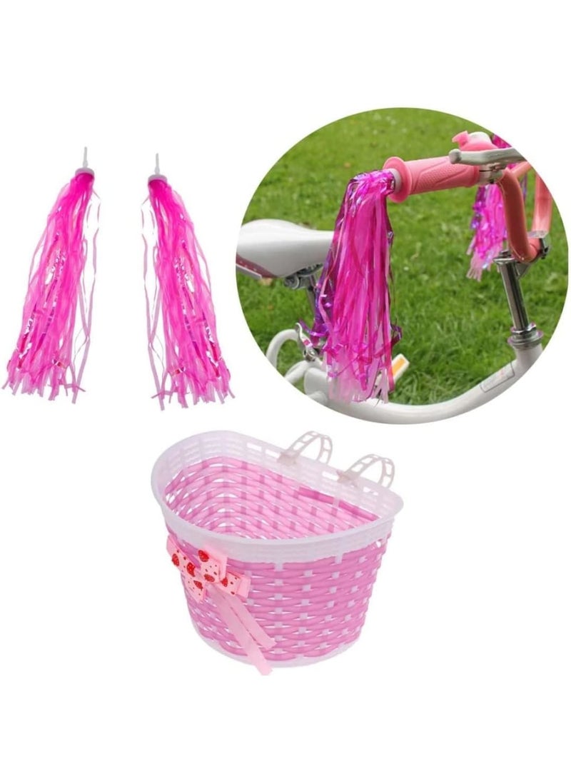 SOLARAE مجموعة شرائط سلة دراجة الأطفال، سلة دراجة للبنات، سلة مقود دراجة، شرائط دراجة، جرس وملصقات، زينة أمامية لدراجة البنات باللون الوردي - Image 4