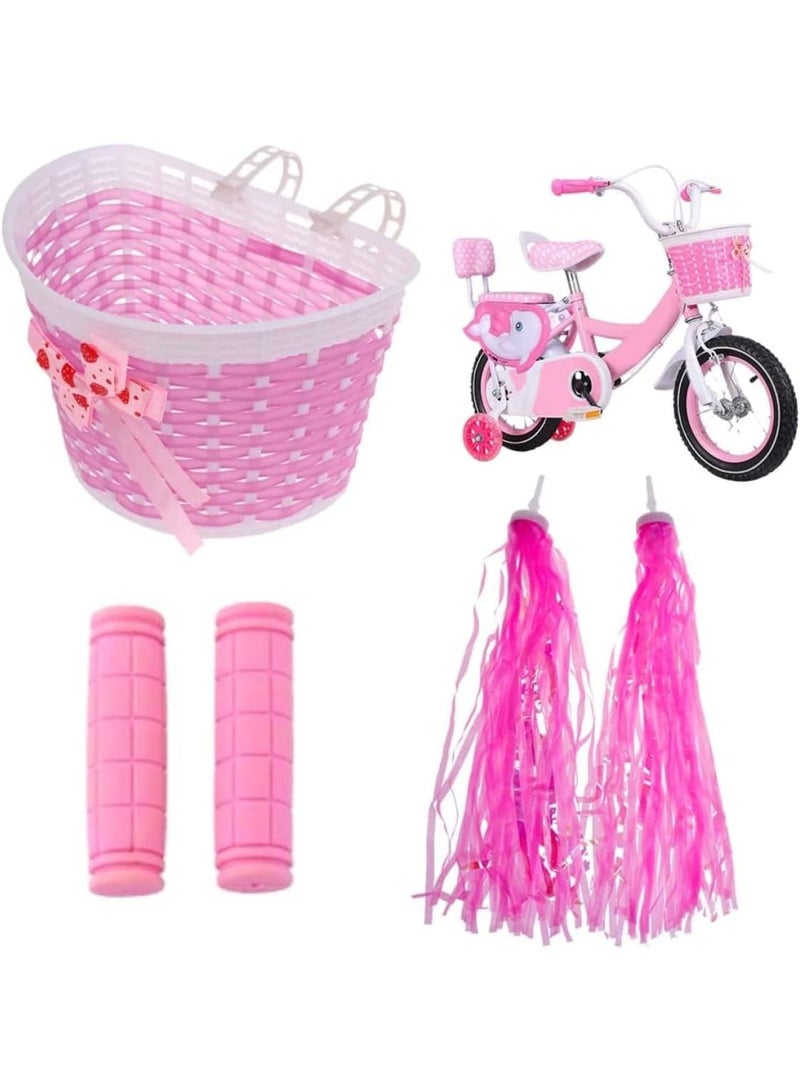 SOLARAE مجموعة شرائط سلة دراجة الأطفال، سلة دراجة للبنات، سلة مقود دراجة، شرائط دراجة، جرس وملصقات، زينة أمامية لدراجة البنات باللون الوردي - Image 1