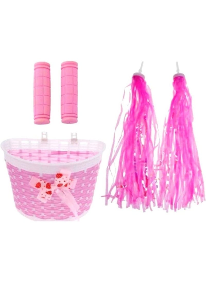 SOLARAE مجموعة شرائط سلة دراجة الأطفال، سلة دراجة للبنات، سلة مقود دراجة، شرائط دراجة، جرس وملصقات، زينة أمامية لدراجة البنات باللون الوردي - Image 3