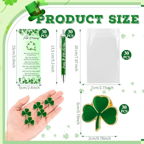 Sitroasho 30 Sets St Patricks Day Shamrock Ballpoint Pens Clover Lapel Pins with Blessing Cards Good Luck Clover Pens Brooches St Patricks Day Gifts for Employee Staff Coworker Irish Party Favors - Image 3