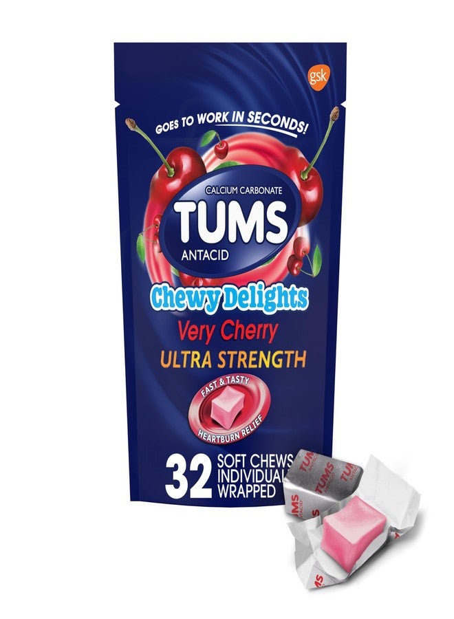 TUMS تومس لذائذ مضغ فائقة القوة مضادات الحموضة لراحة الحموضة المعوية وعسر الهضم، نكهة الكرز - 32 قطعة - Image 1