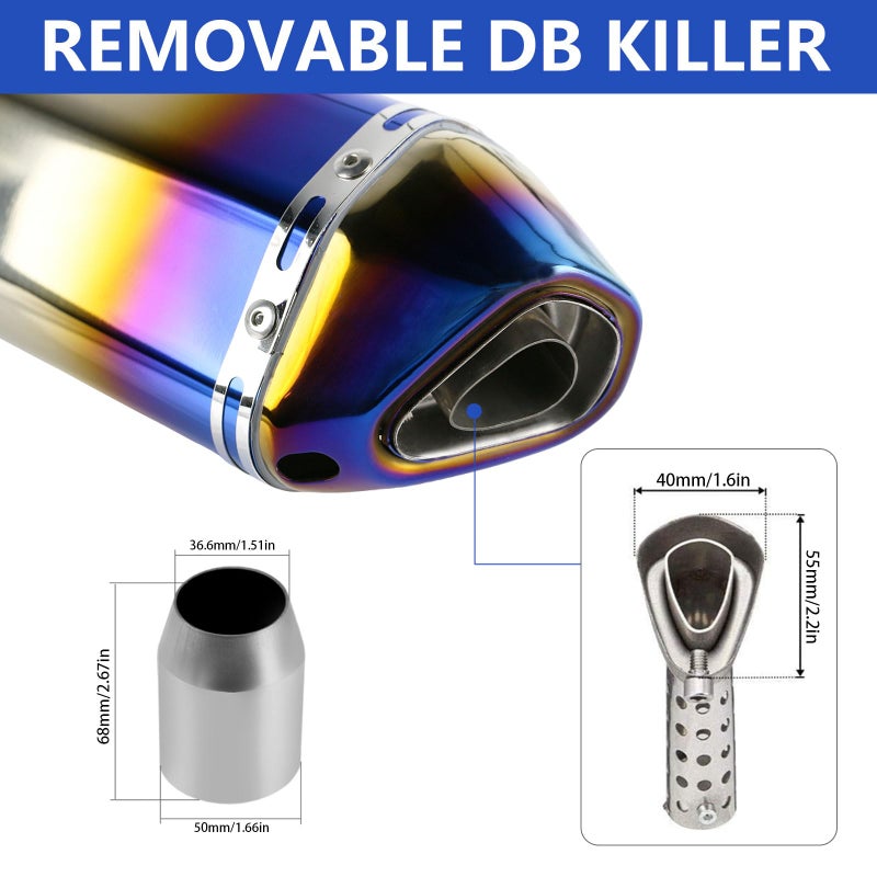 PACEWALKER مخمد صوت دراجة نارية PACEWALKER، 1.5-2" مخمد عادم دراجة نارية عالمي مع قاتل DB قابل للإزالة للدراجات النارية الرياضية/الشارعية والسكوترات، دراجة ترابية ATV دراجة شوارع 38-51 مم مدخل (أزرق مشوي) - Image 3