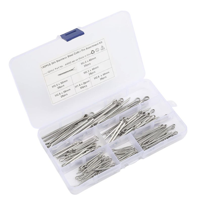 ZJchao Cotter Pin Assortment Kit Stainless Steel Fastener Set 6 Sizes M1.6x25 M2.5x25/40 M3.0x30/40 M4x60 for Auto Truck Garage Workshop Repair 150pcs - Image 1