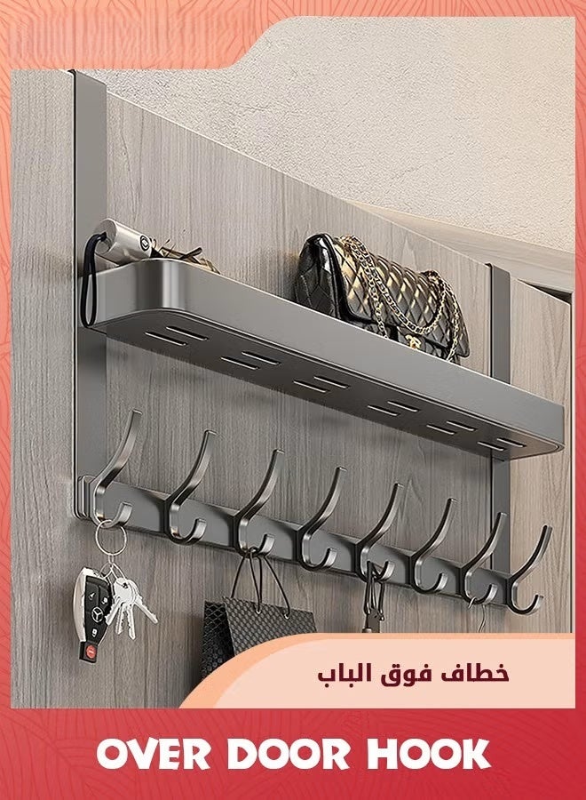 EETU Over The Door Hooks Organizer,2 Tier Over The Door Towel Rack With 6 Coat Hooks,Bathroom Door Organizer Back of Door Hanger Organizer for Bedroom,Kitchen,Gray - Image 1