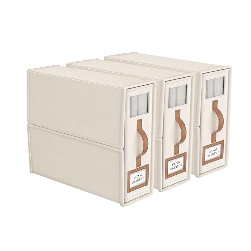 BigPonPon 3 Pack Foldable Bed Sheets Set Organizers and Storage(King & Queen Size),Linen Fabric Closet Organizers with Window,Folding Bedding Storage Box for Bedsheets and Pillow Cube Organizer-Beige - Image 1