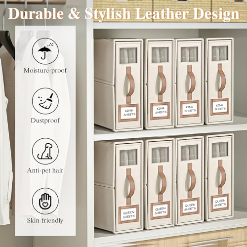 BigPonPon 3 Pack Foldable Bed Sheets Set Organizers and Storage(King & Queen Size),Linen Fabric Closet Organizers with Window,Folding Bedding Storage Box for Bedsheets and Pillow Cube Organizer-Beige - Image 4