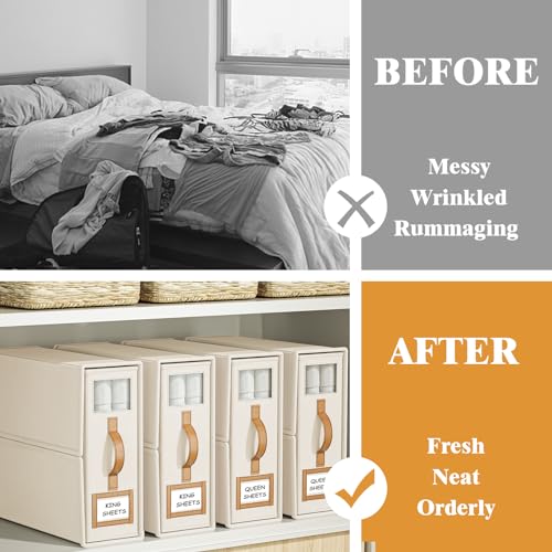 BigPonPon 3 Pack Foldable Bed Sheets Set Organizers and Storage(King & Queen Size),Linen Fabric Closet Organizers with Window,Folding Bedding Storage Box for Bedsheets and Pillow Cube Organizer-Beige - Image 2