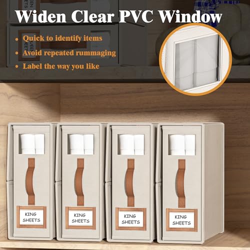BigPonPon 3 Pack Foldable Bed Sheets Set Organizers and Storage(King & Queen Size),Linen Fabric Closet Organizers with Window,Folding Bedding Storage Box for Bedsheets and Pillow Cube Organizer-Beige - Image 3