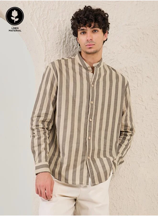 Styli Striped Relaxed Fit Mandarin Collar Shirt