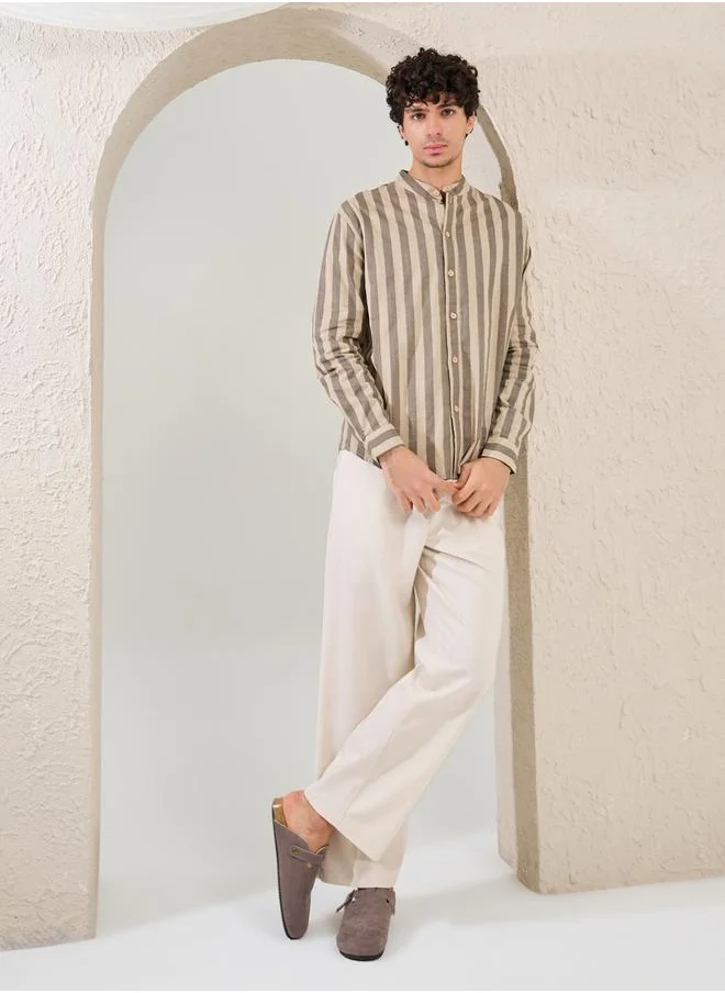 Styli Striped Relaxed Fit Mandarin Collar Shirt