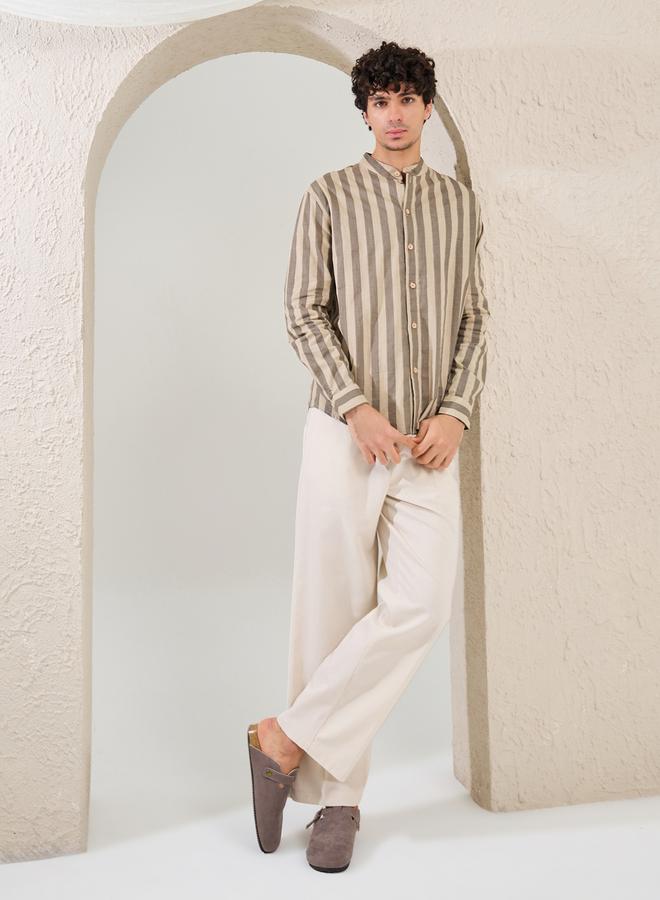 Styli Striped Relaxed Fit Mandarin Collar Shirt  - Image 2