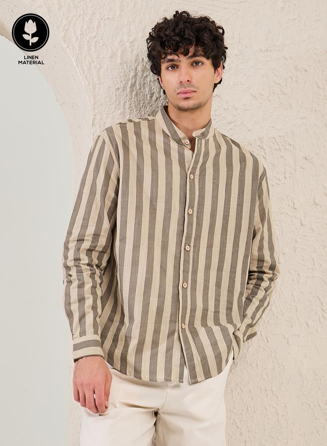 Styli Striped Relaxed Fit Mandarin Collar Shirt  - Image 1