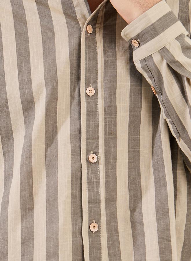 Styli Striped Relaxed Fit Mandarin Collar Shirt  - Image 3