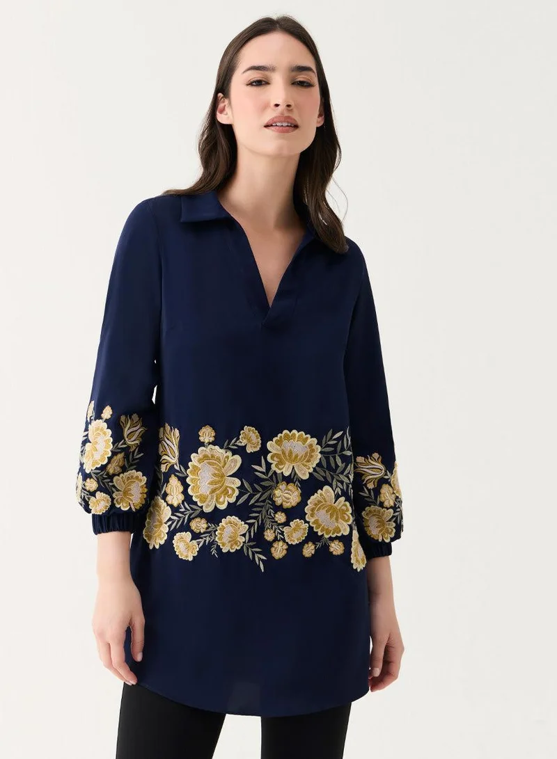 Zigzag Embroidered Chiffon Collared Sleeve Torso Top