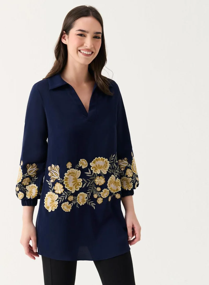 Zigzag Embroidered Chiffon Collared Sleeve Torso Top