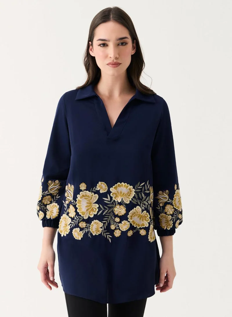 Zigzag Embroidered Chiffon Collared Sleeve Torso Top