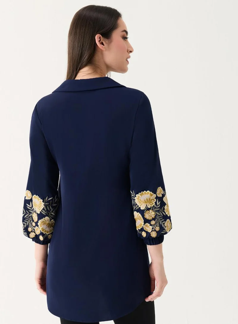 Zigzag  Embroidered Chiffon Collared Sleeve Torso Top for Women | Best Price UAE