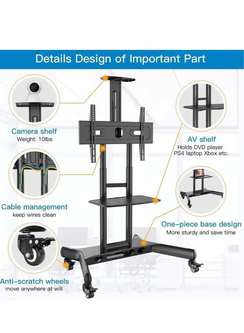 TV Cart Mobile, Height Ajustable TV Stand Mobile No-slip Floor Stand Mount for 32"-70" HDR & LCD TV Screens, Black - Image 2