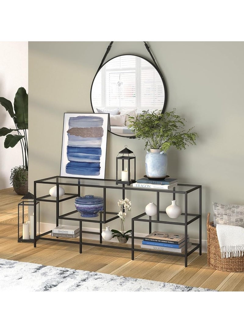 LINGWEI Metal Console Table with Clear Glass Shelves Glass TV Stand Black 147.3x61x40.6cm - Image 1