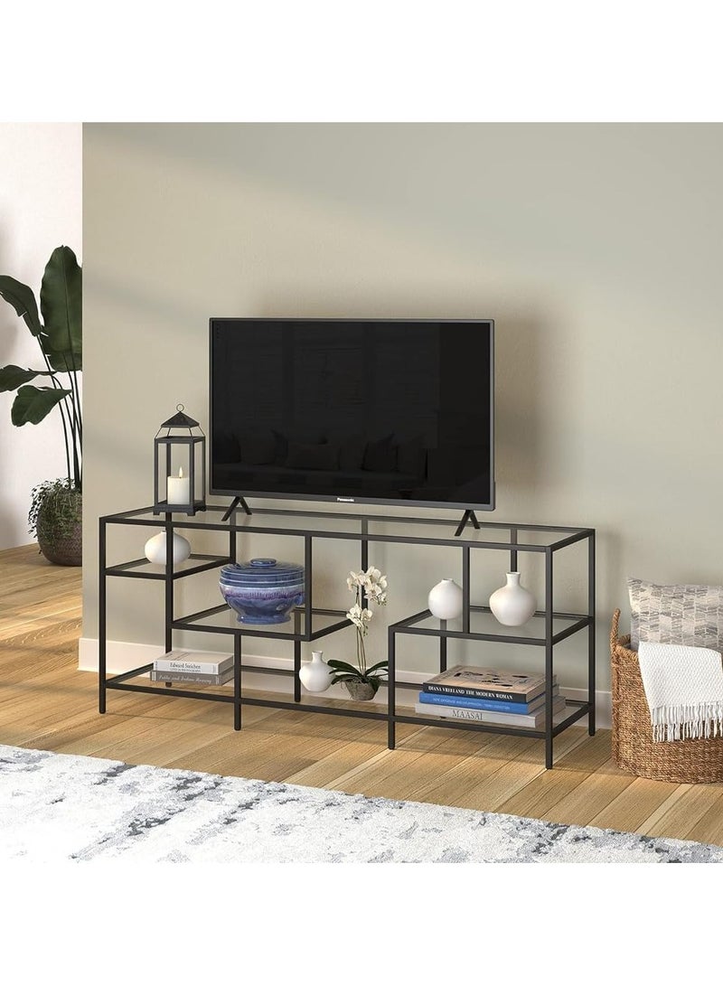LINGWEI Metal Console Table with Clear Glass Shelves Glass TV Stand Black 147.3x61x40.6cm - Image 3