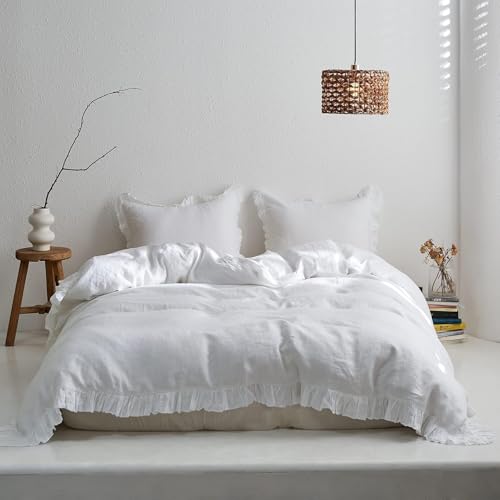 Simple&Opulence 100% Linen Duvet Cover Set, Natural French Flax White Ruffle Duvet Cover Twin Size, Breathable Comfy Linen Bedding Comforter Cover with 1 Pillowcase (White, 68" x 86") - Image 1