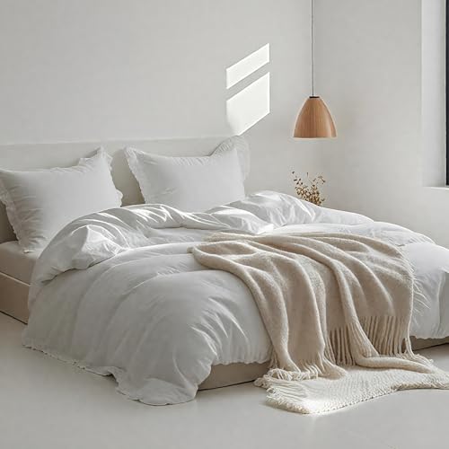 Simple&Opulence 100% Linen Duvet Cover Set, Natural French Flax White Ruffle Duvet Cover Twin Size, Breathable Comfy Linen Bedding Comforter Cover with 1 Pillowcase (White, 68" x 86") - Image 2