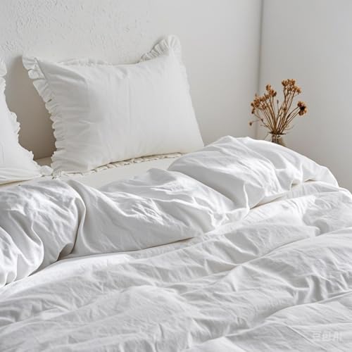 Simple&Opulence 100% Linen Duvet Cover Set, Natural French Flax White Ruffle Duvet Cover Twin Size, Breathable Comfy Linen Bedding Comforter Cover with 1 Pillowcase (White, 68" x 86") - Image 3