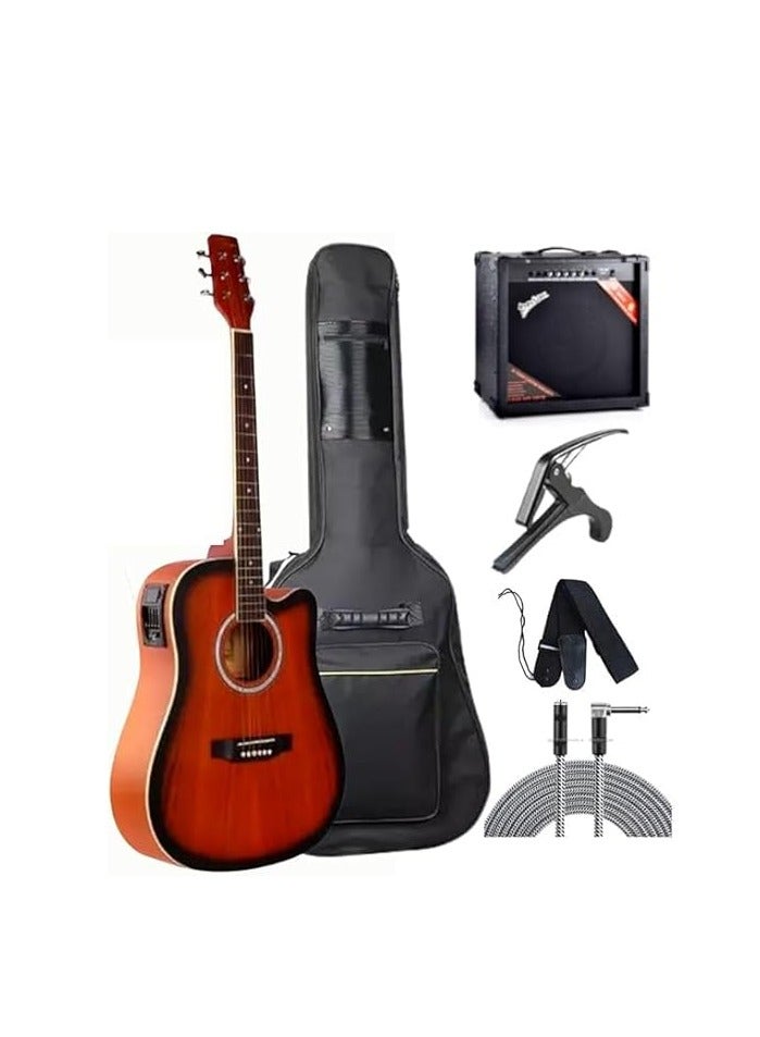 Megarya جيتار صوتي شبه صوتي أحمر اللون مع حقيبة ومكبر صوت TG 10 وكابو وحزام وكابل للمبتدئين والمتوسطين - عرض كومبو - Image 1