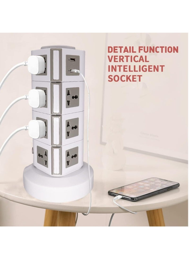 JAJEEK - Universal Vertical Tower Power Strip – Multi-Socket (110V-250V) with 2 USB Ports, Surge Protector Charging Station, 4-Layer Design for Global Use - Image 1