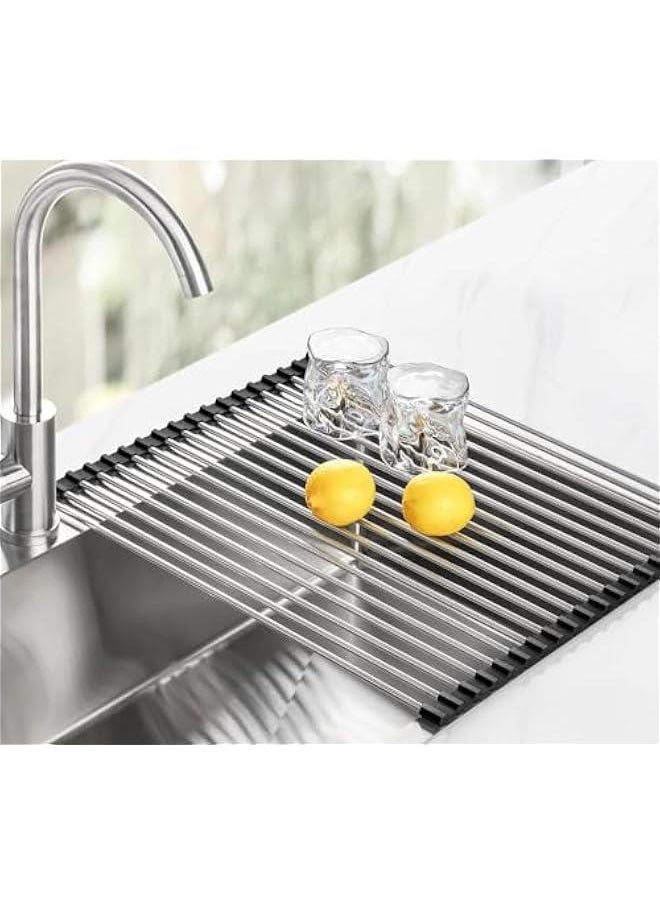 HOOKOR Over The Sink Dish Drying Rack, Roll up Sink Dish Drainer Rack Multipurpose Foldable Kitchen Stainless Steel Dish Rack Sink Drying Rack (Black)  - Image 1