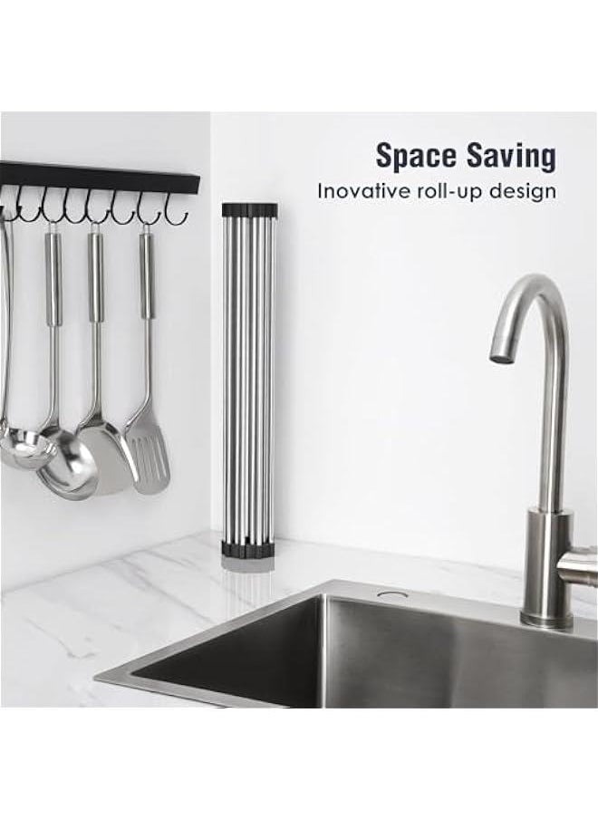 HOOKOR Over The Sink Dish Drying Rack, Roll up Sink Dish Drainer Rack Multipurpose Foldable Kitchen Stainless Steel Dish Rack Sink Drying Rack (Black)  - Image 3