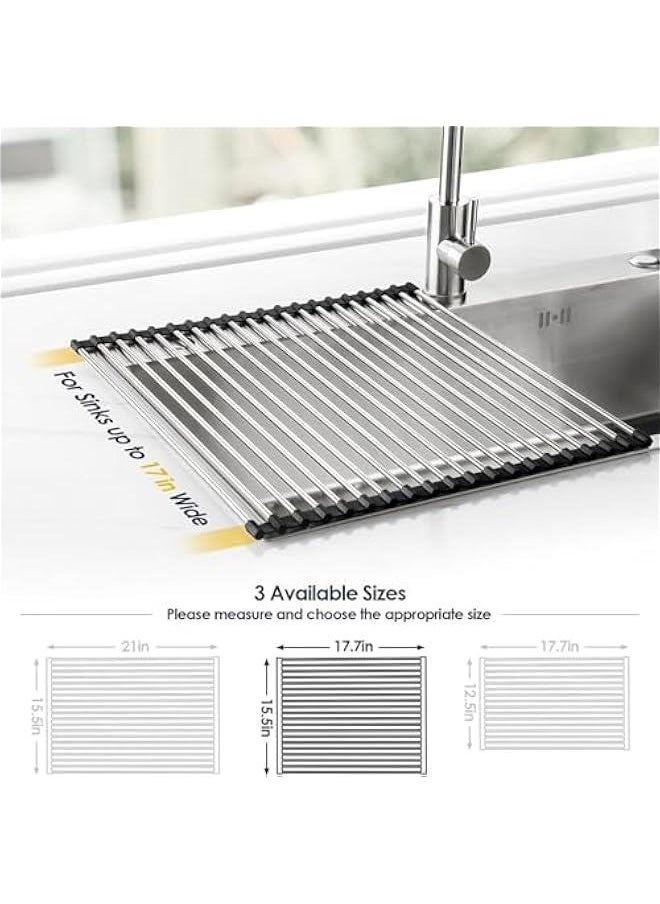 HOOKOR Over The Sink Dish Drying Rack, Roll up Sink Dish Drainer Rack Multipurpose Foldable Kitchen Stainless Steel Dish Rack Sink Drying Rack (Black)  - Image 4