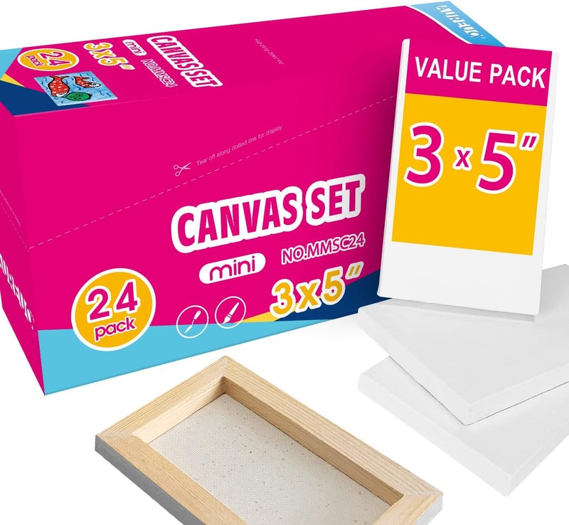 AUREUO Mini Stretched Canvas - 3x5 Inch/24 Pack - 2/5 Inch Profile Small Square Canvas - Gift Set Bulk Pack Canvases for Acrylic Painting & Craft - Image 1