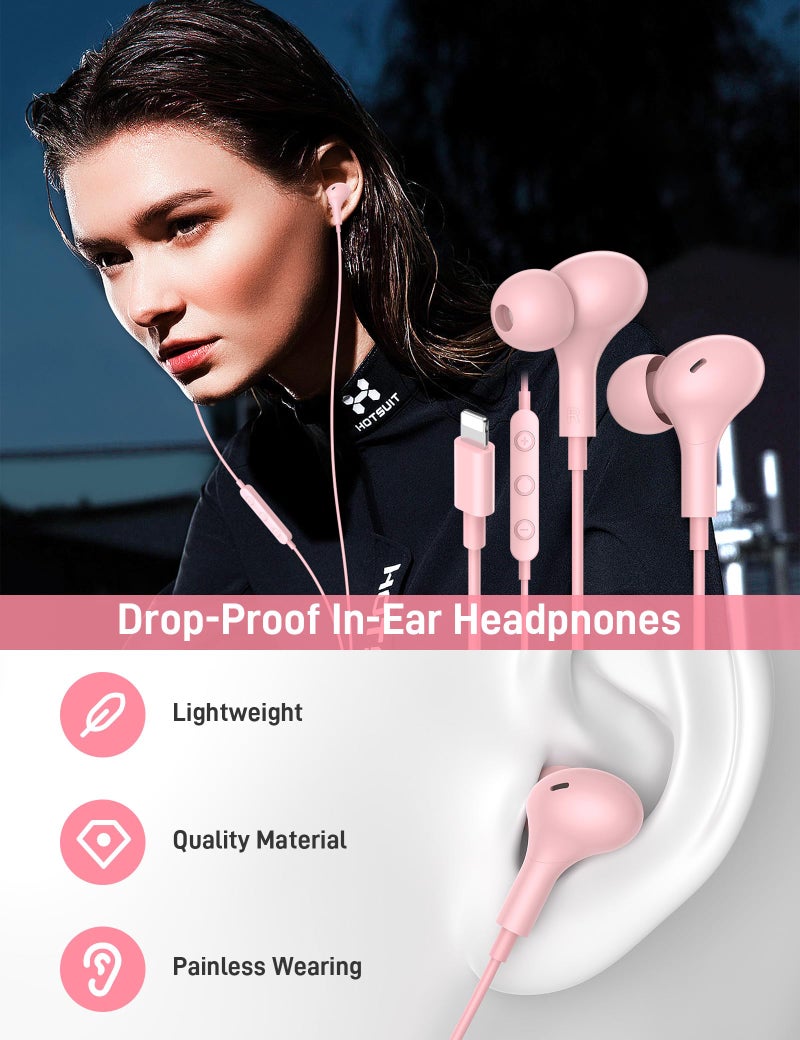 iMangoo for Apple MFi-Certified Headphones for Lightning Wired Earbuds Magnetic Ear Buds with HiFi Bass,3 Ear Tips Mic Corded Earphones for Gym, Commuting for iPhone 14 Plus 13 12 11 Pro Max Pink - Image 3