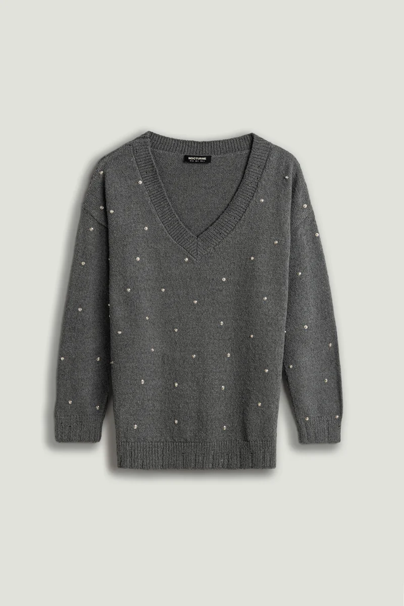 Embellished V-Neck Knit Sweater